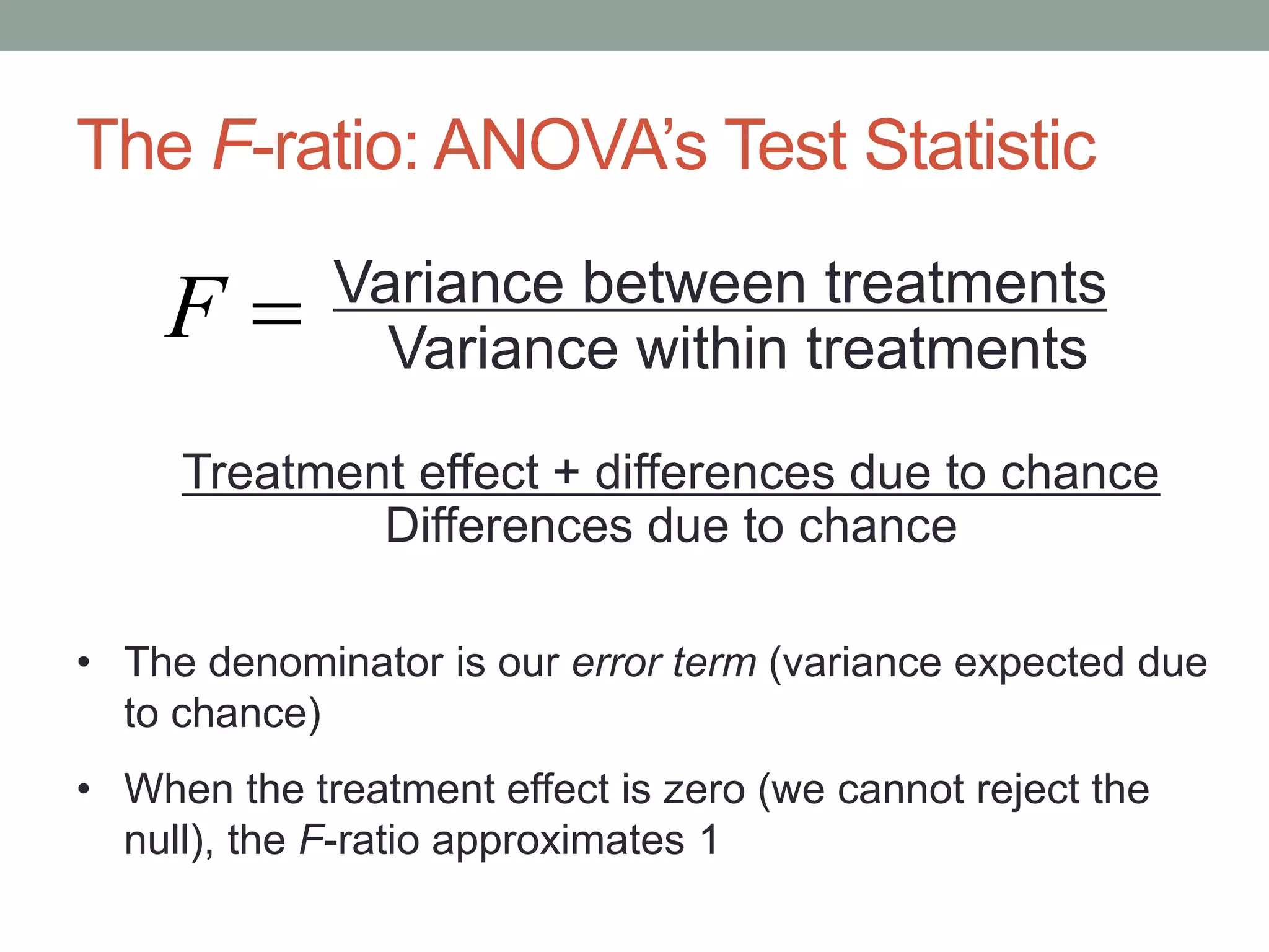 The F-ratio: ANOVA’s Test Statistic
Variance between treatments
Variance within treatments
Treatment effect + differences due to chance
Differences due to chance
F
• The denominator is our error term (variance expected due
to chance)
• When the treatment effect is zero (we cannot reject the
null), the F-ratio approximates 1
 