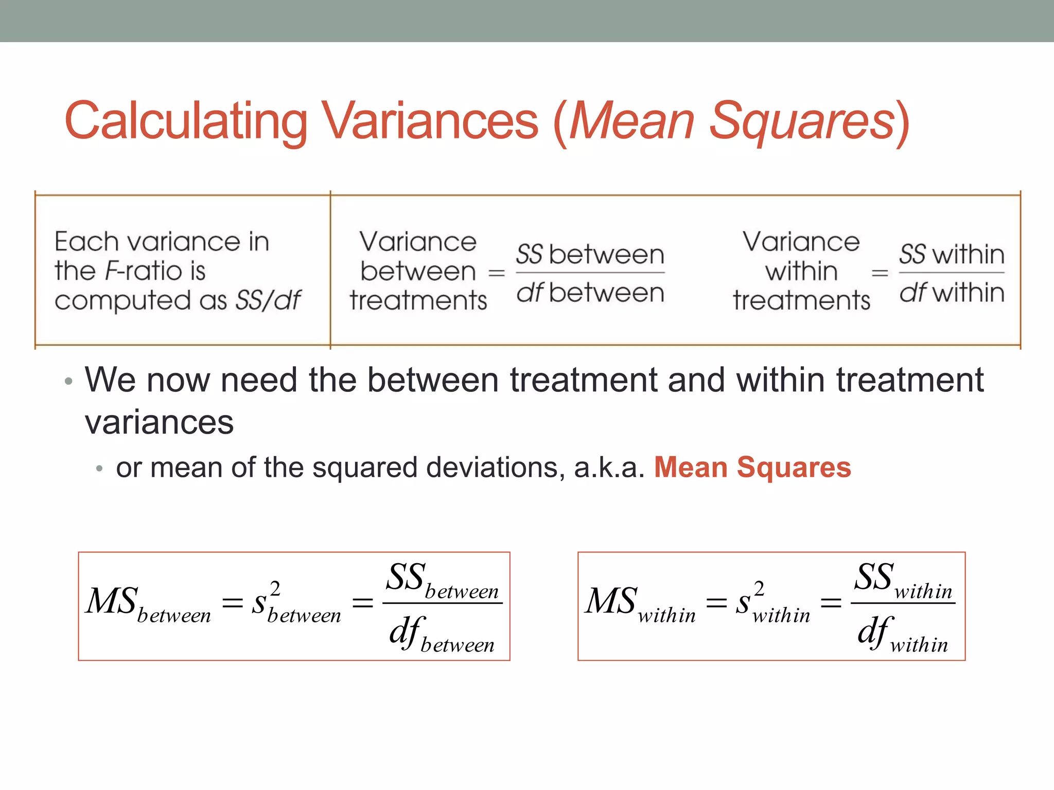 Calculating Variances (Mean Squares)
• We now need the between treatment and within treatment
variances
• or mean of the squared deviations, a.k.a. Mean Squares
between
between
betweenbetween
df
SS
sMS  2
within
within
withinwithin
df
SS
sMS  2
 