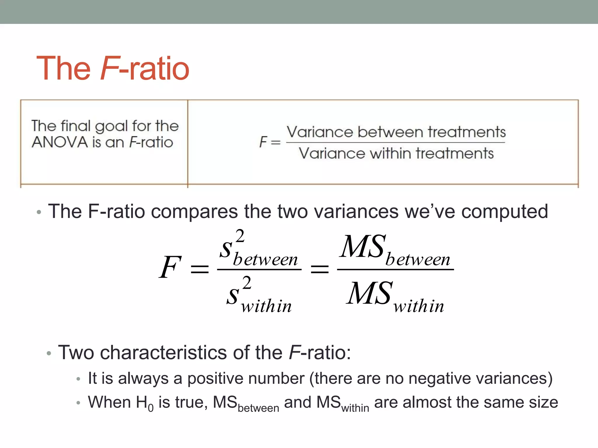 The F-ratio
• The F-ratio compares the two variances we’ve computed
within
between
within
between
MS
MS
s
s
F  2
2
• Two characteristics of the F-ratio:
• It is always a positive number (there are no negative variances)
• When H0 is true, MSbetween and MSwithin are almost the same size
 