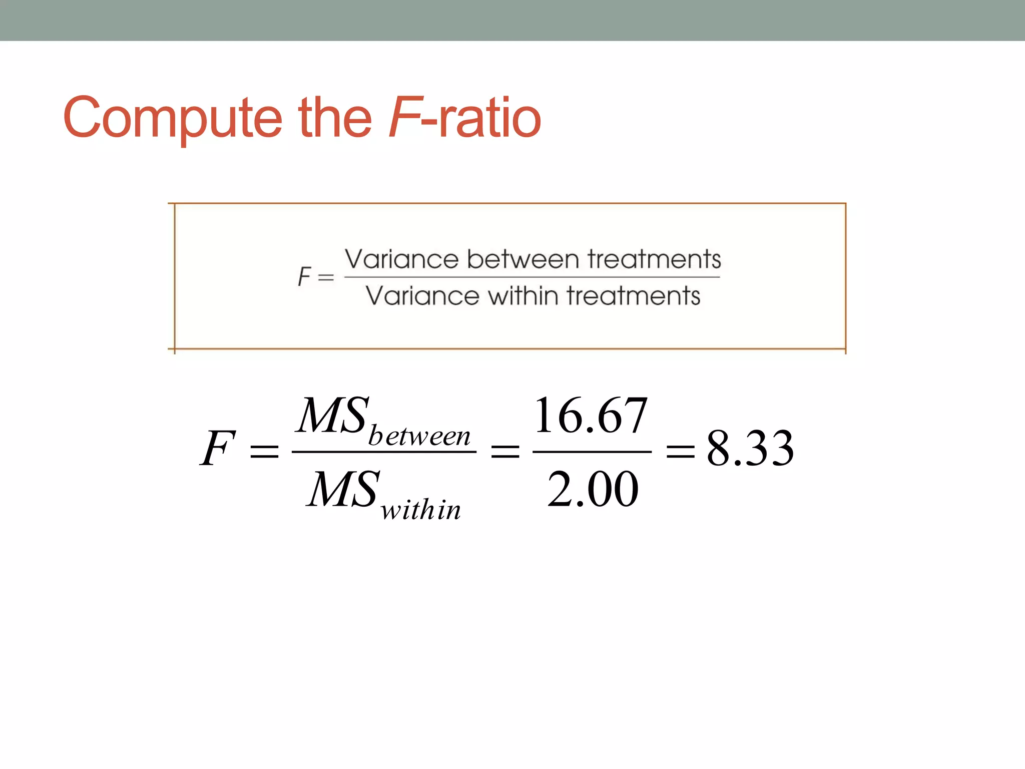 Compute the F-ratio
33.8
00.2
67.16

within
between
MS
MS
F
 