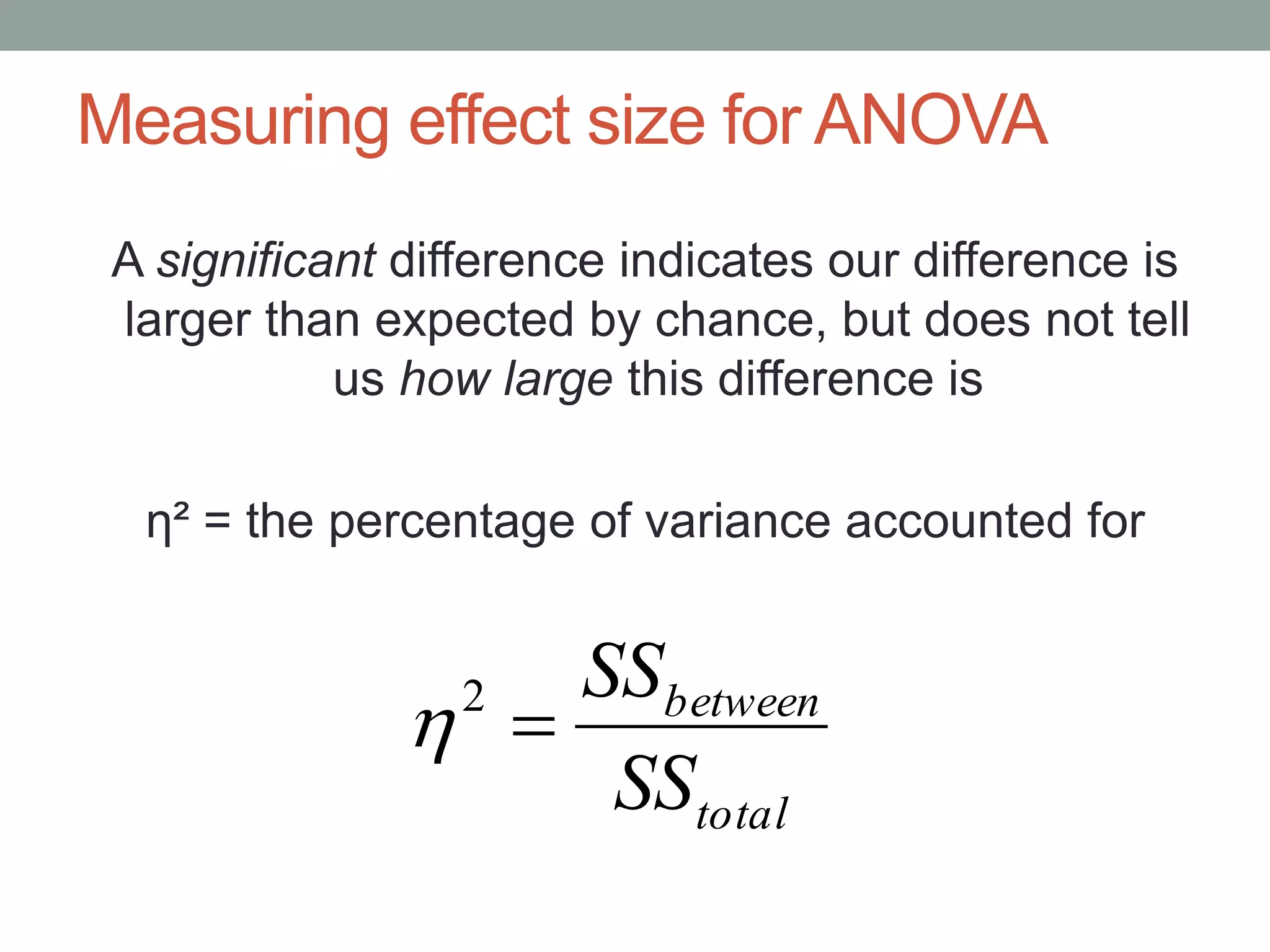 Measuring effect size for ANOVA
A significant difference indicates our difference is
larger than expected by chance, but does not tell
us how large this difference is
η² = the percentage of variance accounted for
total
between
SS
SS
2

 