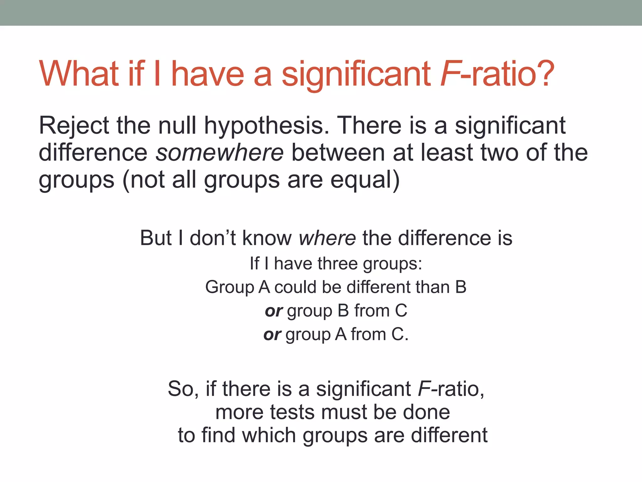 What if I have a significant F-ratio?
Reject the null hypothesis. There is a significant
difference somewhere between at least two of the
groups (not all groups are equal)
But I don’t know where the difference is
If I have three groups:
Group A could be different than B
or group B from C
or group A from C.
So, if there is a significant F-ratio,
more tests must be done
to find which groups are different
 