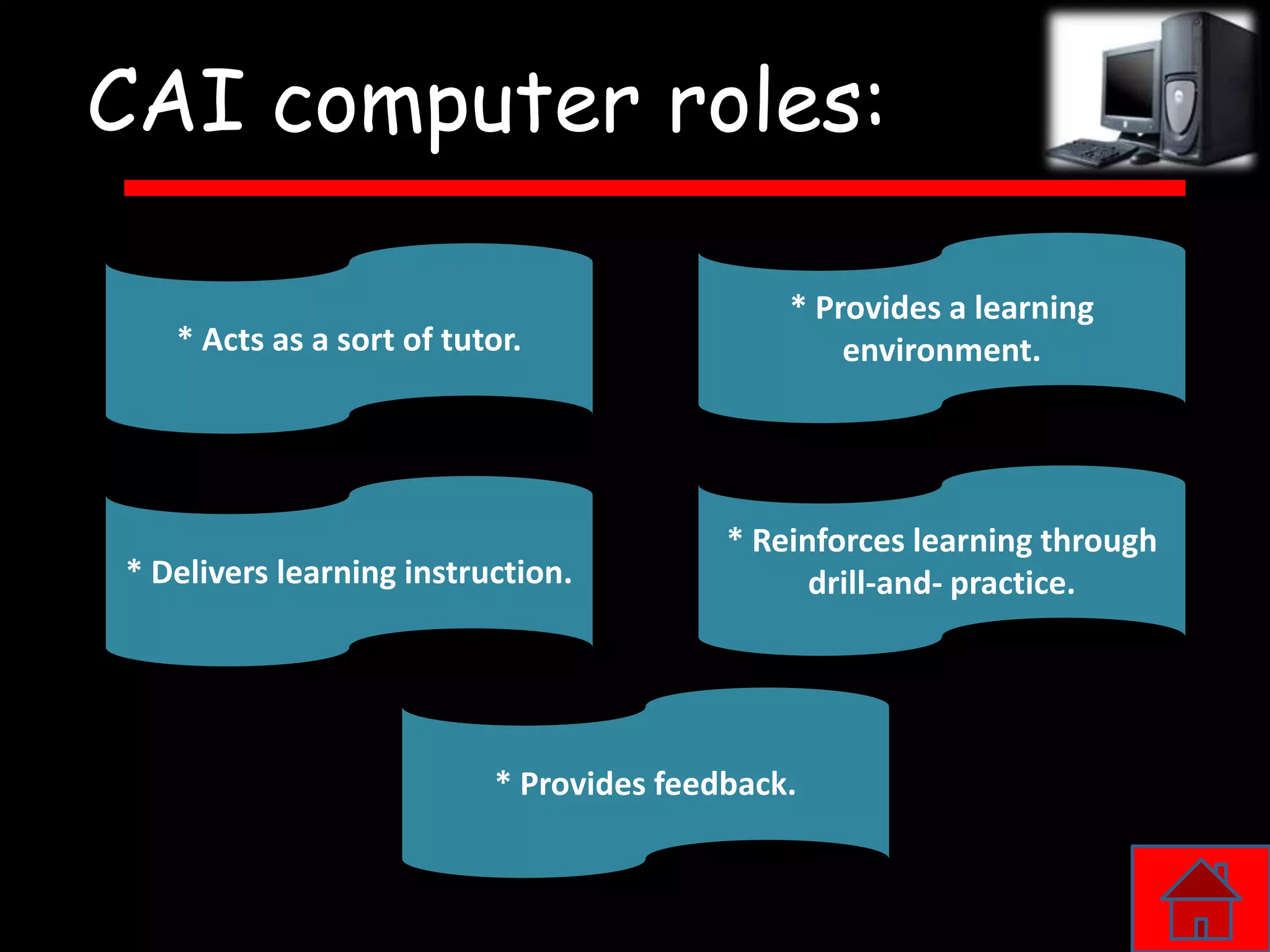 CAI computer roles:

                                             * Provides a learning
   * Acts as a sort of tutor.                    environment.




                                         * Reinforces learning through
* Delivers learning instruction.               drill-and- practice.




                          * Provides feedback.
 