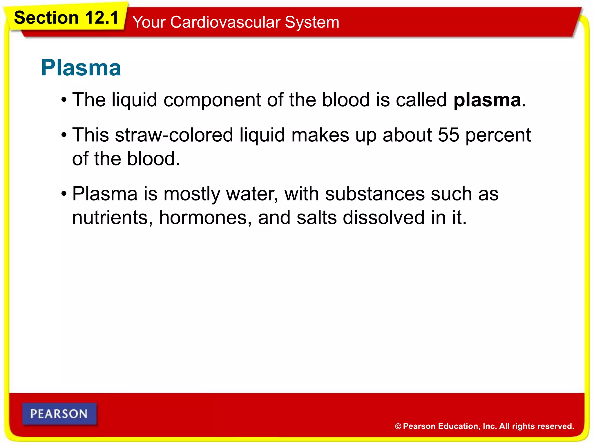 Section 12.1 Your Cardiovascular System
• The liquid component of the blood is called plasma.
Plasma
• This straw-colored liquid makes up about 55 percent
of the blood.
• Plasma is mostly water, with substances such as
nutrients, hormones, and salts dissolved in it.
 