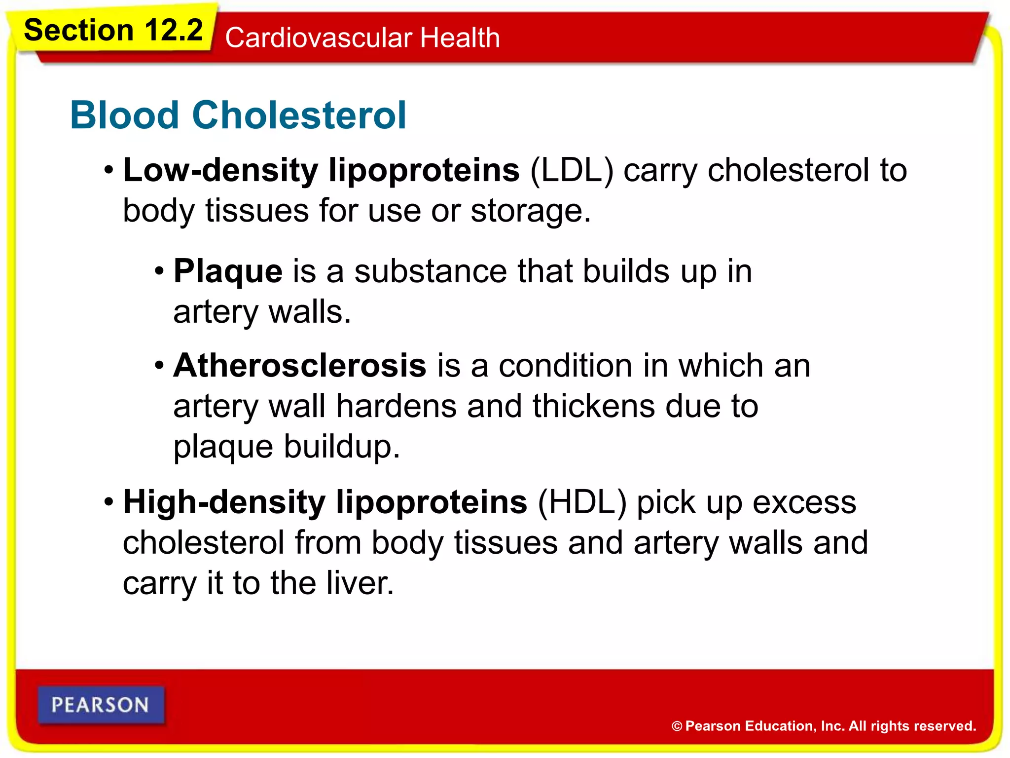 Section 12.2 Cardiovascular Health
• Low-density lipoproteins (LDL) carry cholesterol to
body tissues for use or storage.
Blood Cholesterol
• High-density lipoproteins (HDL) pick up excess
cholesterol from body tissues and artery walls and
carry it to the liver.
• Plaque is a substance that builds up in
artery walls.
• Atherosclerosis is a condition in which an
artery wall hardens and thickens due to
plaque buildup.
 