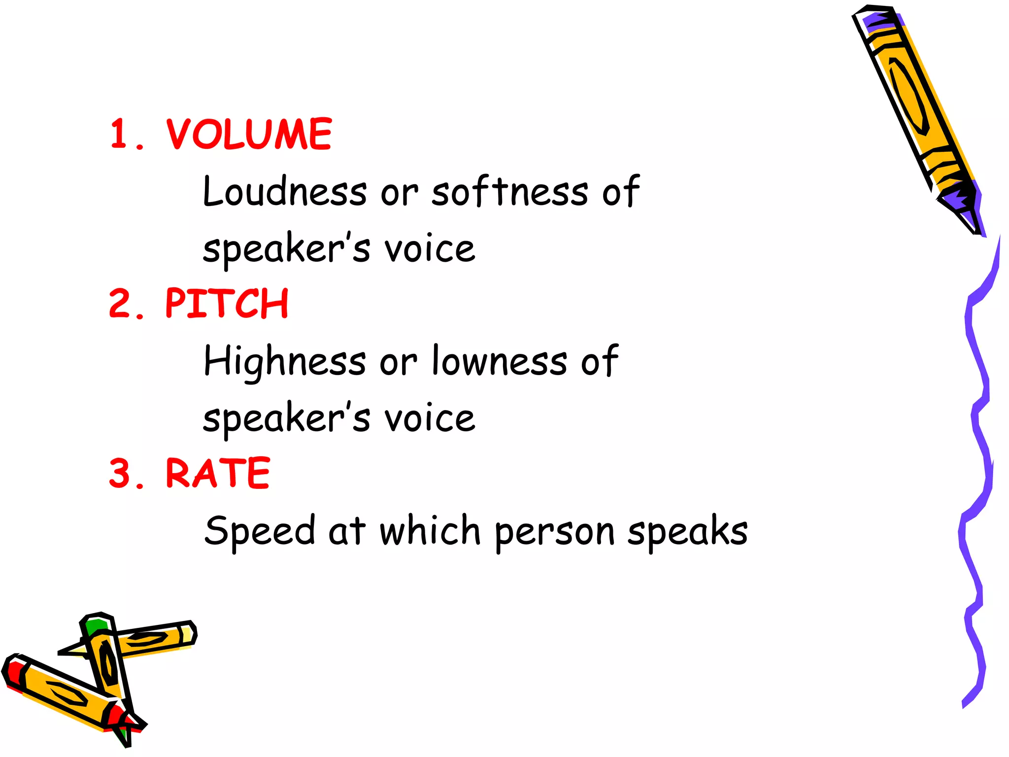 1. VOLUME 
Loudness or softness of 
speaker’s voice 
2. PITCH 
Highness or lowness of 
speaker’s voice 
3. RATE 
Speed at which person speaks 
 