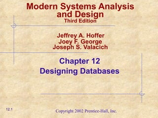 Copyright 2002 Prentice-Hall, Inc.
Modern Systems Analysis
and Design
Third Edition
Jeffrey A. Hoffer
Joey F. George
Joseph S. Valacich
Chapter 12
Designing Databases
12.1
 