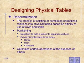 Designing Physical Tables
Denormalization
 The process of splitting or combining normalized
relations into physical tables based on affinity of
use of rows and fields
 Partitioning
 Capability to split a table into separate sections
 Oracle 8i implements three types
 Range
 Hash
 Composite
 Optimizes certain operations at the expense of
others
12.29
 