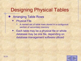 Designing Physical Tables
Arranging Table Rows
 Physical File
 A named set of table rows stored in a contiguous
section of secondary memory
 Each table may be a physical file or whole
database may be one file, depending on
database management software utilized
12.31
 