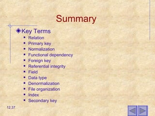 Summary
Key Terms
 Relation
 Primary key
 Normalization
 Functional dependency
 Foreign key
 Referential integrity
 Field
 Data type
 Denormalization
 File organization
 Index
 Secondary key
12.37
 