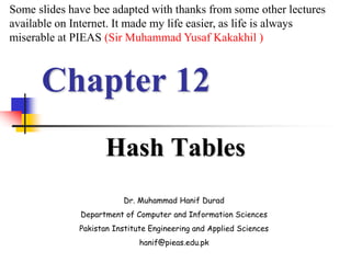 Chapter 12
Hash Tables
Dr. Muhammad Hanif Durad
Department of Computer and Information Sciences
Pakistan Institute Engineering and Applied Sciences
hanif@pieas.edu.pk
Some slides have bee adapted with thanks from some other lectures
available on Internet. It made my life easier, as life is always
miserable at PIEAS (Sir Muhammad Yusaf Kakakhil )
 