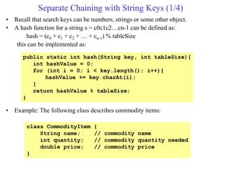 Separate Chaining with String Keys (1/4)
• Recall that search keys can be numbers, strings or some other object.
• A hash function for a string s = c0c1c2…cn-1 can be defined as:
hash = (c0 + c1 + c2 + … + cn-1) % tableSize
this can be implemented as:
• Example: The following class describes commodity items:
public static int hash(String key, int tableSize){
int hashValue = 0;
for (int i = 0; i < key.length(); i++){
hashValue += key.charAt(i);
}
return hashValue % tableSize;
}
class CommodityItem {
String name; // commodity name
int quantity; // commodity quantity needed
double price; // commodity price
}
 