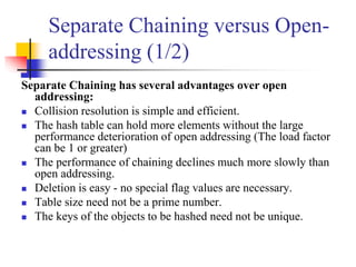 Separate Chaining versus Open-
addressing (1/2)
Separate Chaining has several advantages over open
addressing:
 Collision resolution is simple and efficient.
 The hash table can hold more elements without the large
performance deterioration of open addressing (The load factor
can be 1 or greater)
 The performance of chaining declines much more slowly than
open addressing.
 Deletion is easy - no special flag values are necessary.
 Table size need not be a prime number.
 The keys of the objects to be hashed need not be unique.
 