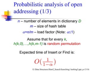 Probabilistic analysis of open
addressing (1/3)
n – number of elements in dictionary D
m – size of hash table
Assume that for every k,
h(k,0),…,h(k,m-1) is random permutation
=n/m – load factor (Note: 1)
Expected time of Insert or Find is:
E:Data StructuresHanif_SearchSearching hashing3.ppt, p-13/16
 