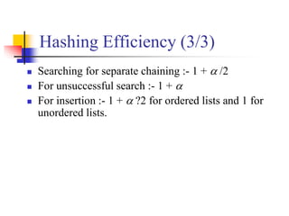 Hashing Efficiency (3/3)
 Searching for separate chaining :- 1 +  /2
 For unsuccessful search :- 1 + 
 For insertion :- 1 +  ?2 for ordered lists and 1 for
unordered lists.
 