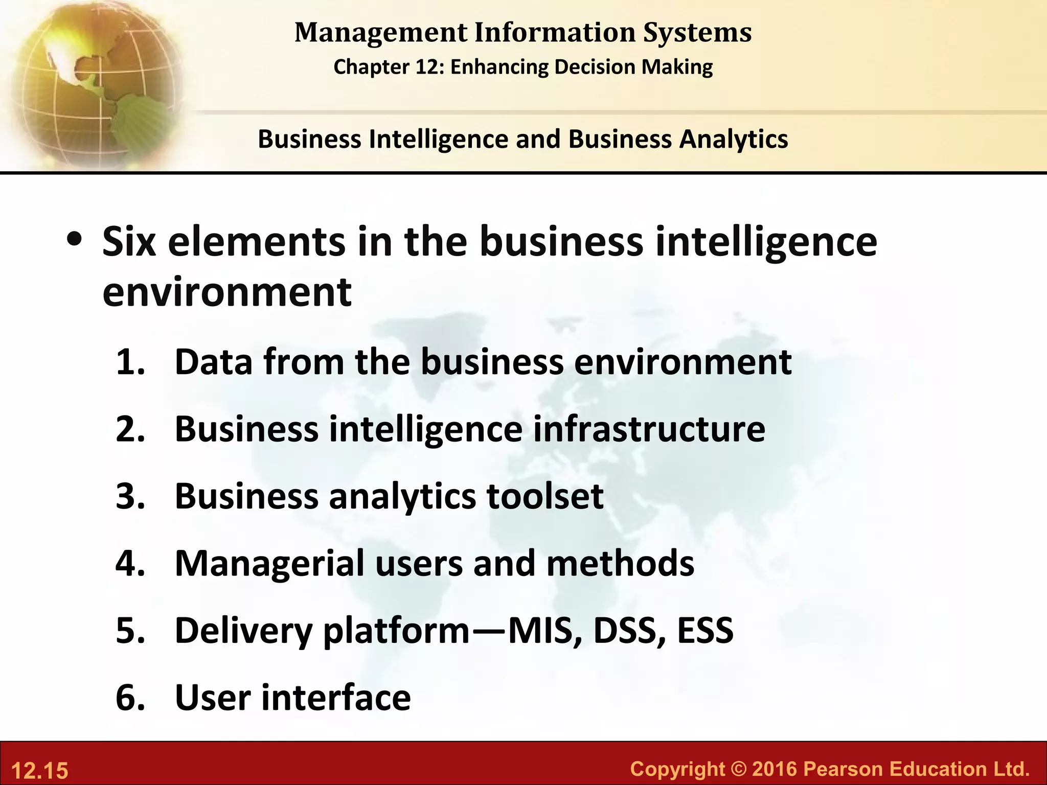 12.15 Copyright © 2016 Pearson Education Ltd.
Management Information Systems
Chapter 12: Enhancing Decision Making
• Six elements in the business intelligence
environment
1. Data from the business environment
2. Business intelligence infrastructure
3. Business analytics toolset
4. Managerial users and methods
5. Delivery platform—MIS, DSS, ESS
6. User interface
Business Intelligence and Business Analytics
 