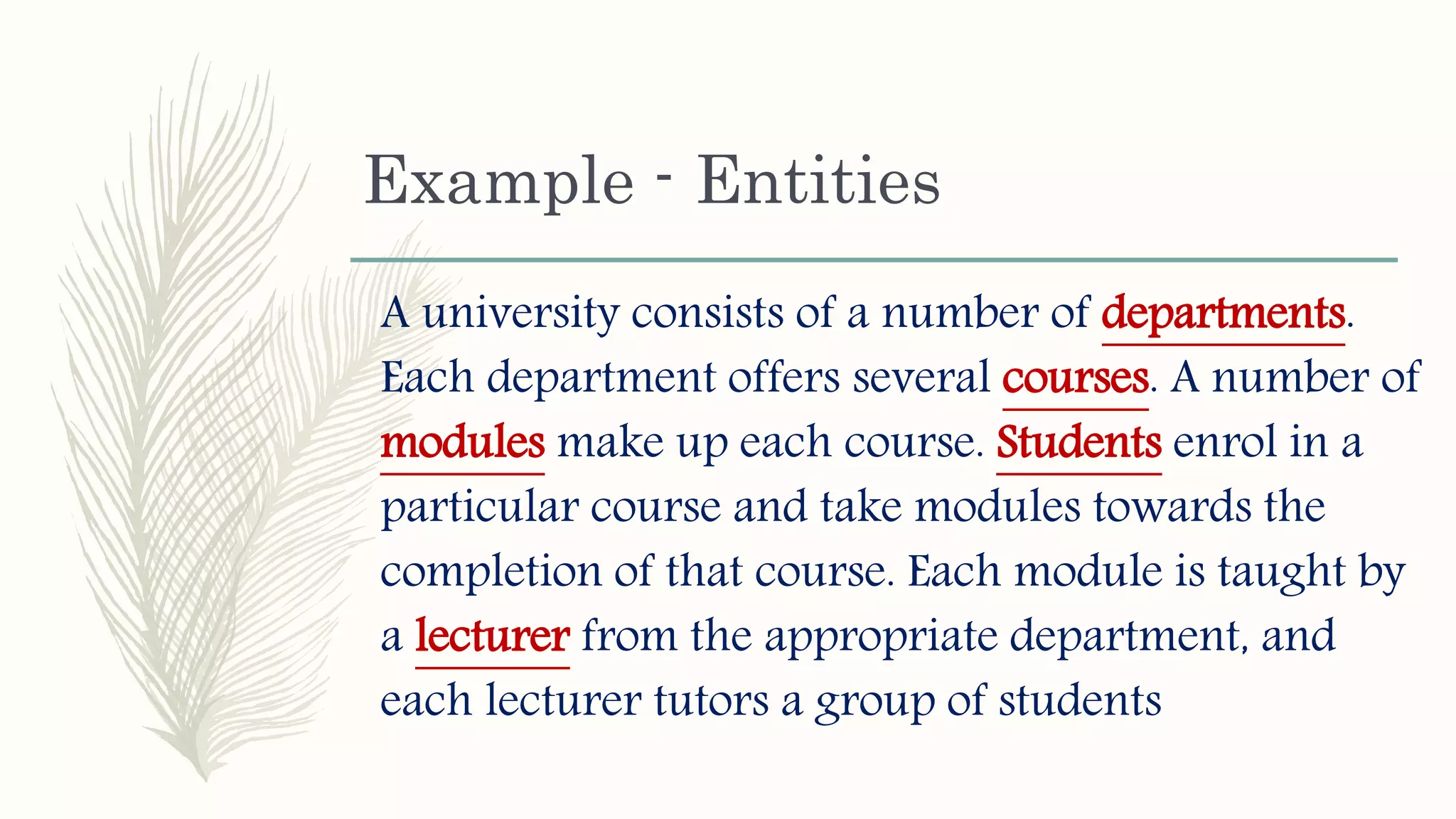 Example - Entities
A university consists of a number of departments.
Each department offers several courses. A number of
modules make up each course. Students enrol in a
particular course and take modules towards the
completion of that course. Each module is taught by
a lecturer from the appropriate department, and
each lecturer tutors a group of students
 