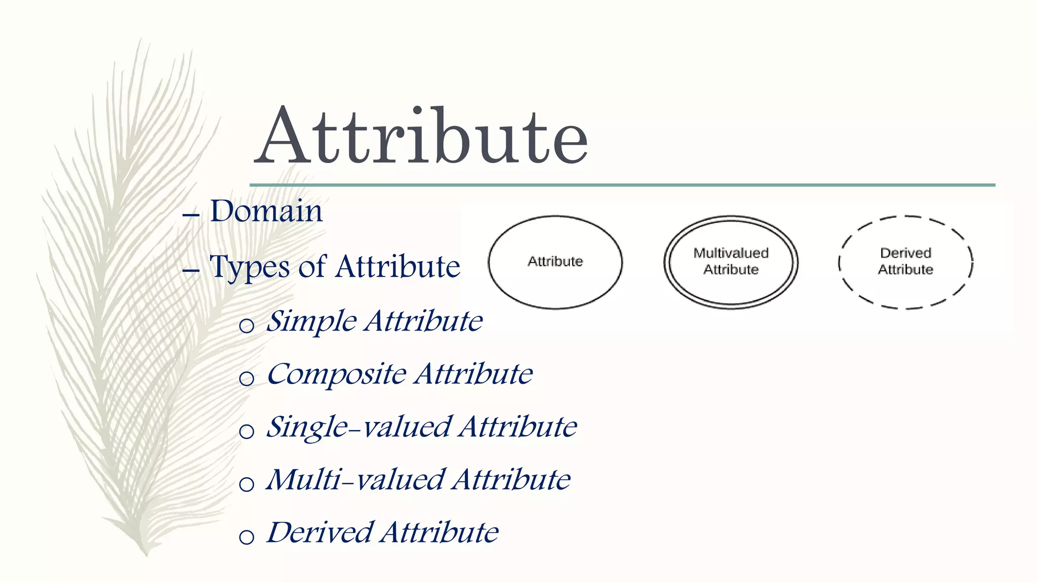 Attribute
– Domain
– Types of Attribute
o Simple Attribute
o Composite Attribute
o Single-valued Attribute
o Multi-valued Attribute
o Derived Attribute
 