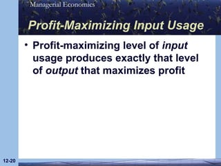 Profit-Maximizing Input Usage Profit-maximizing level of  input  usage produces exactly that level of  output  that maximizes profit 12- 