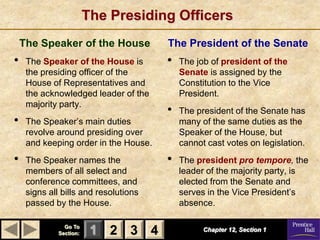 The Presiding Officers
    The Speaker of the House           The President of the Senate
•    The Speaker of the House is       •   The job of president of the
     the presiding officer of the          Senate is assigned by the
     House of Representatives and          Constitution to the Vice
     the acknowledged leader of the        President.
     majority party.
                                       •   The president of the Senate has
•    The Speaker’s main duties             many of the same duties as the
     revolve around presiding over         Speaker of the House, but
     and keeping order in the House.       cannot cast votes on legislation.
•    The Speaker names the             •   The president pro tempore, the
     members of all select and             leader of the majority party, is
     conference committees, and            elected from the Senate and
     signs all bills and resolutions       serves in the Vice President’s
     passed by the House.                  absence.

               Go To
             Section:    1 2 3 4                 Chapter 12, Section 1
 