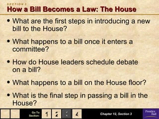 SECTION 3

How a Bill Becomes a Law: The House
• What are the first steps in introducing a new
  bill to the House?
• What happens to a bill once it enters a
  committee?
• How do House leaders schedule debate
  on a bill?
• What happens to a bill on the House floor?
• What is the final step in passing a bill in the
  House?
              Go To
            Section:   1 2 3 4   Chapter 12, Section 3
 