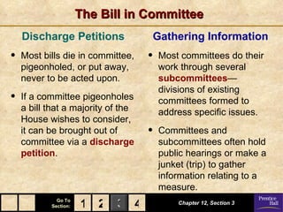 The Bill in Committee
    Discharge Petitions             Gathering Information
•   Most bills die in committee,    •   Most committees do their
    pigeonholed, or put away,           work through several
    never to be acted upon.             subcommittees—
                                        divisions of existing
•   If a committee pigeonholes          committees formed to
    a bill that a majority of the       address specific issues.
    House wishes to consider,
    it can be brought out of        •   Committees and
    committee via a discharge           subcommittees often hold
    petition.                           public hearings or make a
                                        junket (trip) to gather
                                        information relating to a
                                        measure.
             Go To
           Section:   1 2 3 4               Chapter 12, Section 3
 