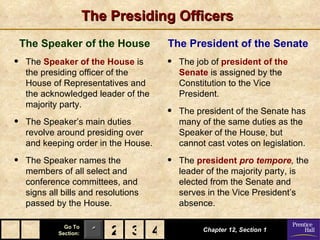 The Presiding Officers
    The Speaker of the House           The President of the Senate
•    The Speaker of the House is       •   The job of president of the
     the presiding officer of the          Senate is assigned by the
     House of Representatives and          Constitution to the Vice
     the acknowledged leader of the        President.
     majority party.
                                       •   The president of the Senate has
•    The Speaker’s main duties             many of the same duties as the
     revolve around presiding over         Speaker of the House, but
     and keeping order in the House.       cannot cast votes on legislation.

•    The Speaker names the             •   The president pro tempore, the
     members of all select and             leader of the majority party, is
     conference committees, and            elected from the Senate and
     signs all bills and resolutions       serves in the Vice President’s
     passed by the House.                  absence.

               Go To
             Section:    1 2 3 4                 Chapter 12, Section 1
 