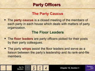 Party Officers

                       The Party Caucus
•   The party caucus is a closed meeting of the members of
    each party in each house which deals with matters of party
    organization.
                       The Floor Leaders
•   The floor leaders are party officers picked for their posts
    by their party colleagues.

•   The party whips assist the floor leaders and serve as a
    liaison between the party’s leadership and its rank-and-file
    members.


             Go To
           Section:   1 2 3 4             Chapter 12, Section 1
 