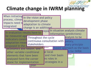 Climate change in IWRM planning
When initiating the planning
process, climate change
impacts need to be
integrated
In the vision and policy
development phase
adaptation to climate
change is an additional
element, not a replacement
of IWRM goals
In situation analysis climate
information (predictions)
and impact analysis to be
incorporatedAn anticipatory,
precautionary principle
based approach as the basis
of strategies for IWRMConsider the local
authorities and river basin
organisations roles in
adaptation strategies in a
plan
Legal frameworks,
economics and health, and
other variable conditional
elements that have been
analysed form the corner
stone for implementation
In evaluation results have to
be measured against
indicators considering
adaptation measures
proposed in the plan
Throughout the cycle
continuous consultation with
stakeholders
109
 