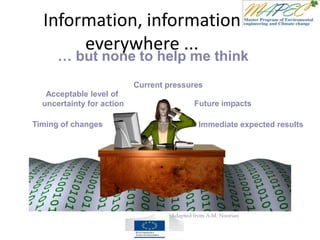 Information, information
everywhere ...
… but none to help me think
Current pressures
Future impacts
Acceptable level of
uncertainty for action
Timing of changes Immediate expected results
Adapted from A.M. Noorian
 