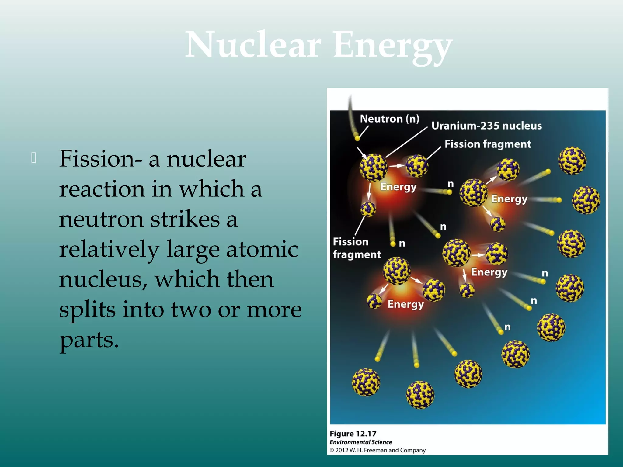 Nuclear Energy


Fission- a nuclear
reaction in which a
neutron strikes a
relatively large atomic
nucleus, which then
splits into two or more
parts.

 