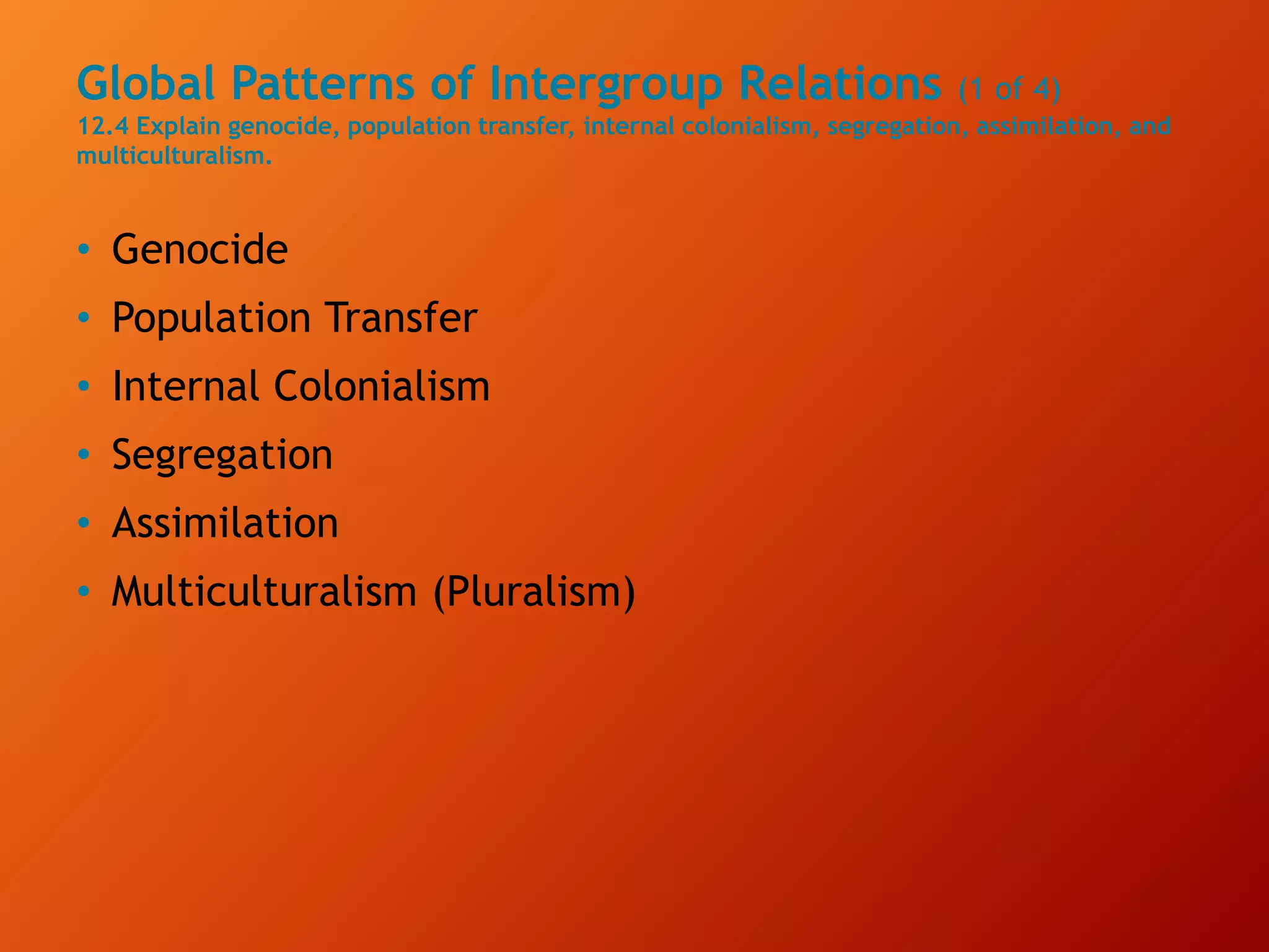 Global Patterns of Intergroup Relations (1 of 4)
12.4 Explain genocide, population transfer, internal colonialism, segregation, assimilation, and
multiculturalism.
• Genocide
• Population Transfer
• Internal Colonialism
• Segregation
• Assimilation
• Multiculturalism (Pluralism)
 