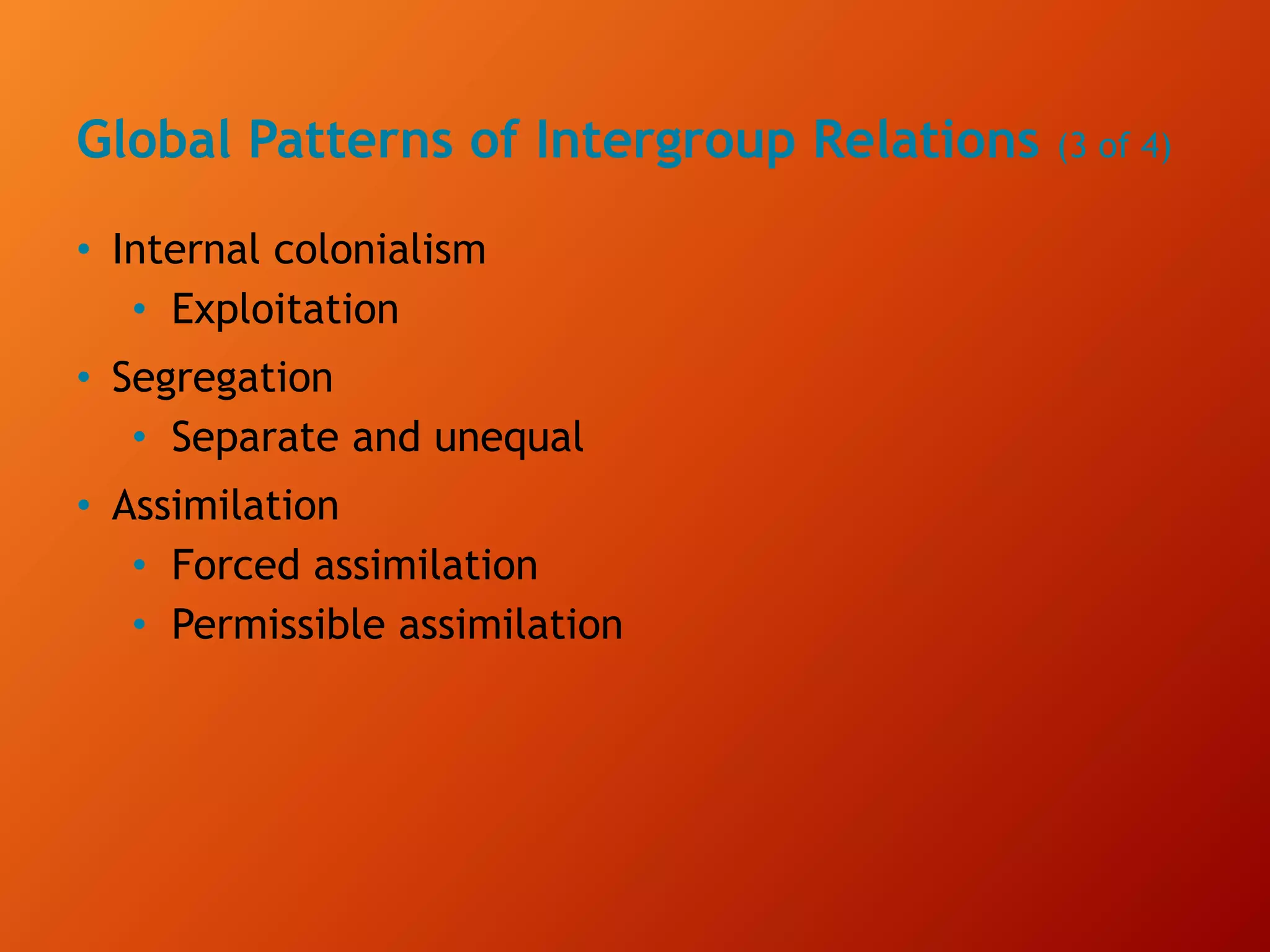 Global Patterns of Intergroup Relations (3 of 4)
• Internal colonialism
• Exploitation
• Segregation
• Separate and unequal
• Assimilation
• Forced assimilation
• Permissible assimilation
 