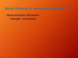 Global Patterns of Intergroup Relations (4 of 4)
• Multiculturalism (Pluralism)
• Example: Switzerland
 