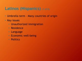Latinos (Hispanics) (1 of 6)
• Umbrella term – Many countries of origin
• Key issues
• Unauthorized immigration
• Residence
• Language
• Economic well-being
• Politics
 