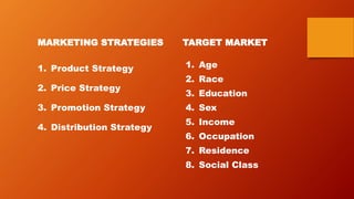 MARKETING STRATEGIES TARGET MARKET
1. Product Strategy
2. Price Strategy
3. Promotion Strategy
4. Distribution Strategy
1....