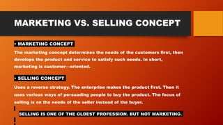 MARKETING VS. SELLING CONCEPT
• MARKETING CONCEPT
The marketing concept determines the needs of the customers first, then
...