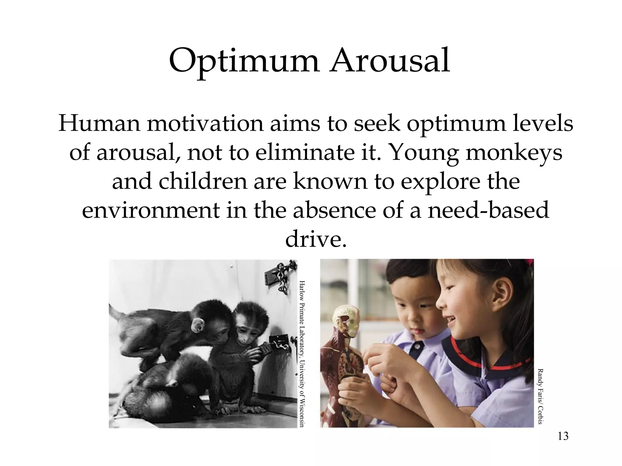 13
Optimum Arousal
Human motivation aims to seek optimum levels
of arousal, not to eliminate it. Young monkeys
and children are known to explore the
environment in the absence of a need-based
drive.
HarlowPrimateLaboratory,UniversityofWisconsin
RandyFaris/Corbis
 