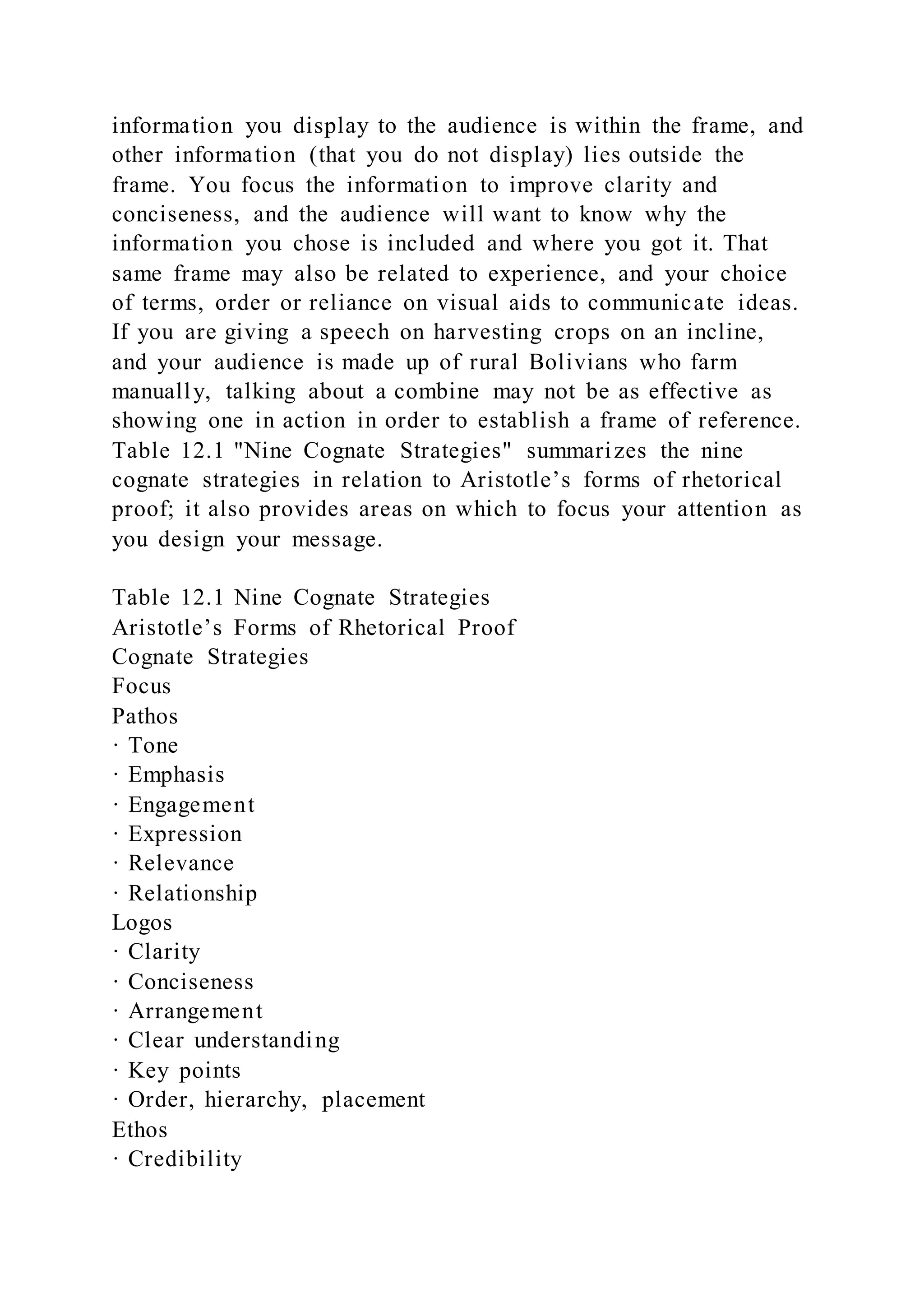 information you display to the audience is within the frame, and
other information (that you do not display) lies outside the
frame. You focus the information to improve clarity and
conciseness, and the audience will want to know why the
information you chose is included and where you got it. That
same frame may also be related to experience, and your choice
of terms, order or reliance on visual aids to communicate ideas.
If you are giving a speech on harvesting crops on an incline,
and your audience is made up of rural Bolivians who farm
manually, talking about a combine may not be as effective as
showing one in action in order to establish a frame of reference.
Table 12.1 "Nine Cognate Strategies" summarizes the nine
cognate strategies in relation to Aristotle’s forms of rhetorical
proof; it also provides areas on which to focus your attention as
you design your message.
Table 12.1 Nine Cognate Strategies
Aristotle’s Forms of Rhetorical Proof
Cognate Strategies
Focus
Pathos
· Tone
· Emphasis
· Engagement
· Expression
· Relevance
· Relationship
Logos
· Clarity
· Conciseness
· Arrangement
· Clear understanding
· Key points
· Order, hierarchy, placement
Ethos
· Credibility
 