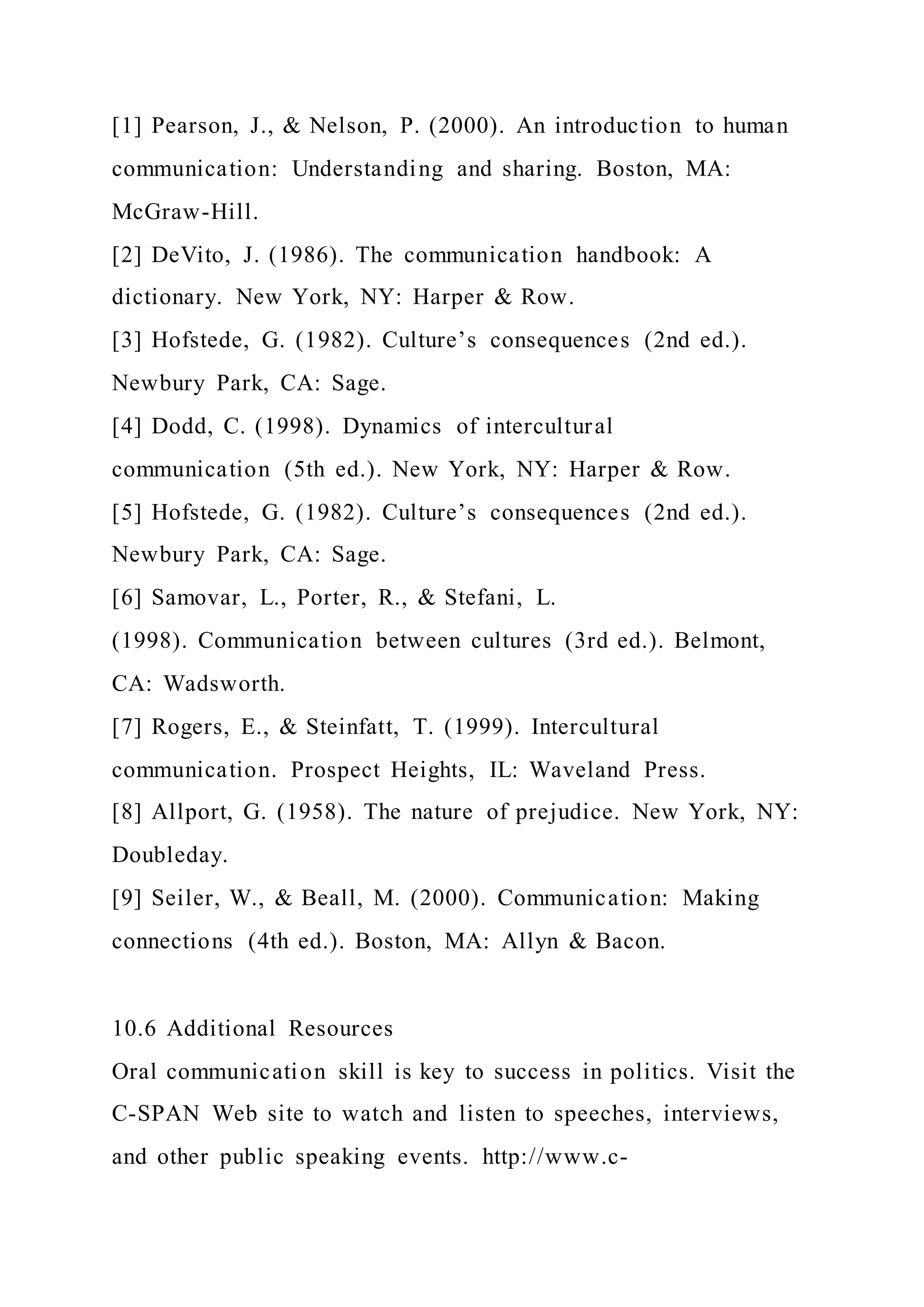 [1] Pearson, J., & Nelson, P. (2000). An introduction to human
communication: Understanding and sharing. Boston, MA:
McGraw-Hill.
[2] DeVito, J. (1986). The communication handbook: A
dictionary. New York, NY: Harper & Row.
[3] Hofstede, G. (1982). Culture’s consequences (2nd ed.).
Newbury Park, CA: Sage.
[4] Dodd, C. (1998). Dynamics of intercultural
communication (5th ed.). New York, NY: Harper & Row.
[5] Hofstede, G. (1982). Culture’s consequences (2nd ed.).
Newbury Park, CA: Sage.
[6] Samovar, L., Porter, R., & Stefani, L.
(1998). Communication between cultures (3rd ed.). Belmont,
CA: Wadsworth.
[7] Rogers, E., & Steinfatt, T. (1999). Intercultural
communication. Prospect Heights, IL: Waveland Press.
[8] Allport, G. (1958). The nature of prejudice. New York, NY:
Doubleday.
[9] Seiler, W., & Beall, M. (2000). Communication: Making
connections (4th ed.). Boston, MA: Allyn & Bacon.
10.6 Additional Resources
Oral communication skill is key to success in politics. Visit the
C-SPAN Web site to watch and listen to speeches, interviews,
and other public speaking events. http://www.c-
 