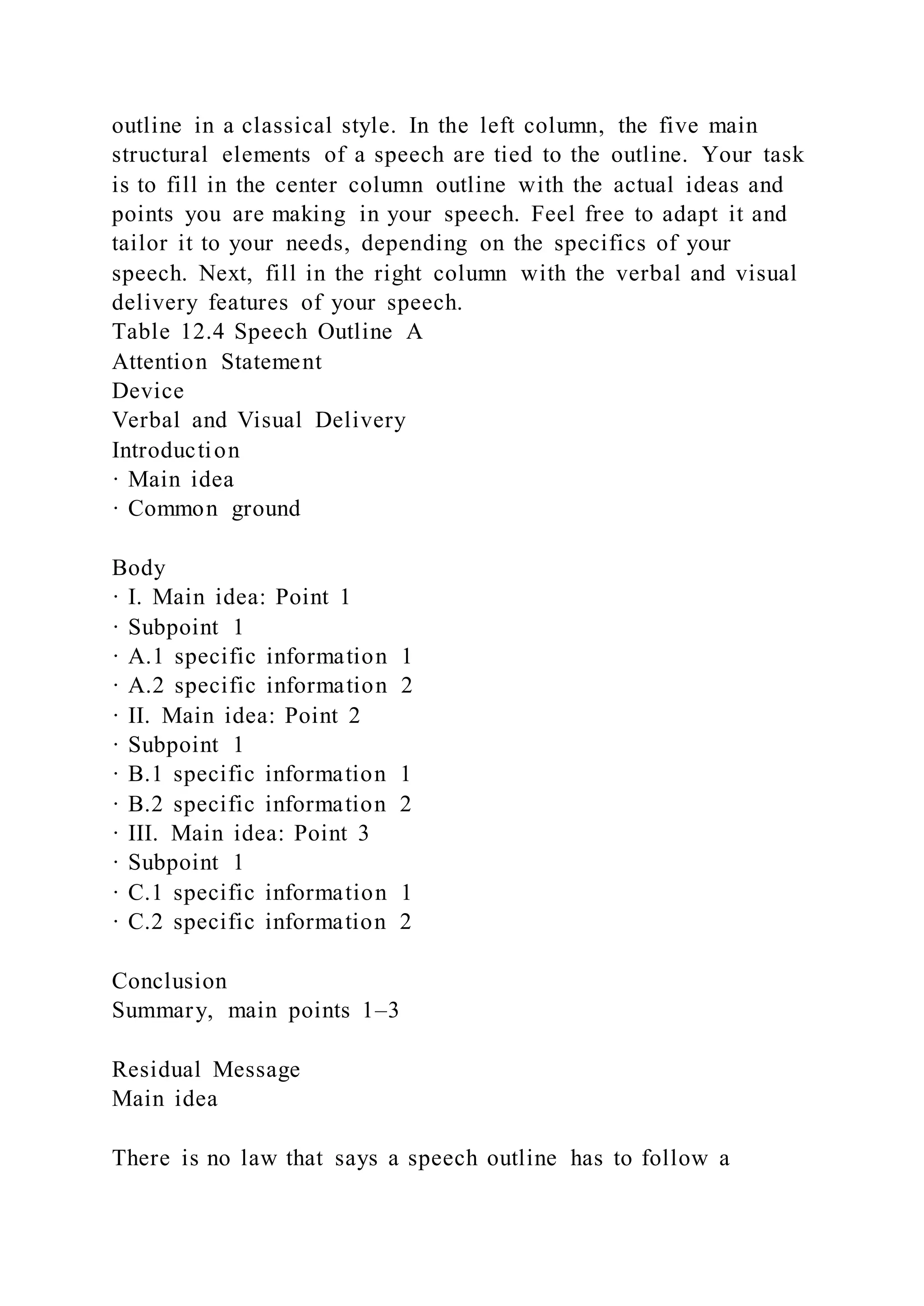 outline in a classical style. In the left column, the five main
structural elements of a speech are tied to the outline. Your task
is to fill in the center column outline with the actual ideas and
points you are making in your speech. Feel free to adapt it and
tailor it to your needs, depending on the specifics of your
speech. Next, fill in the right column with the verbal and visual
delivery features of your speech.
Table 12.4 Speech Outline A
Attention Statement
Device
Verbal and Visual Delivery
Introduction
· Main idea
· Common ground
Body
· I. Main idea: Point 1
· Subpoint 1
· A.1 specific information 1
· A.2 specific information 2
· II. Main idea: Point 2
· Subpoint 1
· B.1 specific information 1
· B.2 specific information 2
· III. Main idea: Point 3
· Subpoint 1
· C.1 specific information 1
· C.2 specific information 2
Conclusion
Summary, main points 1–3
Residual Message
Main idea
There is no law that says a speech outline has to follow a
 