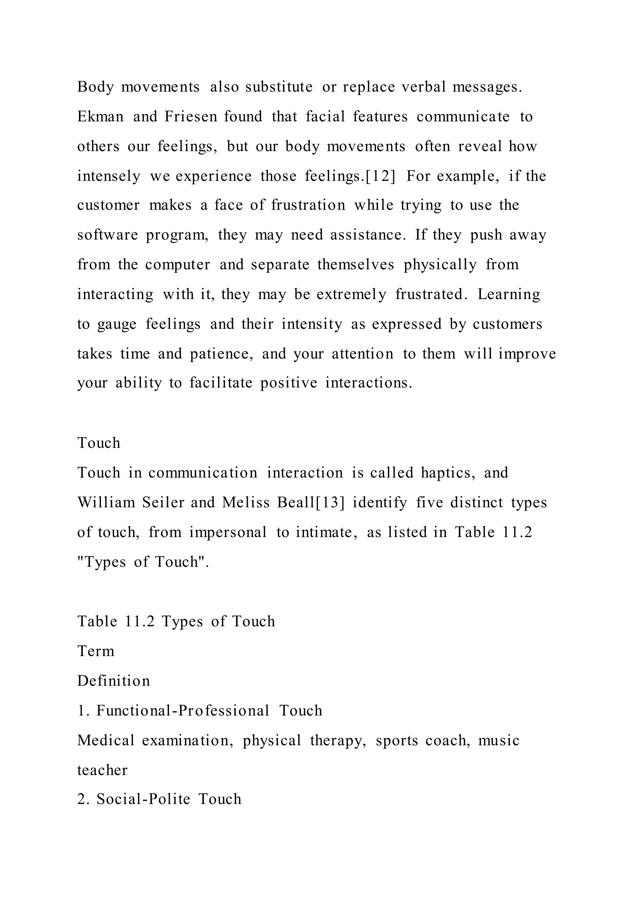 Body movements also substitute or replace verbal messages.
Ekman and Friesen found that facial features communicate to
others our feelings, but our body movements often reveal how
intensely we experience those feelings.[12] For example, if the
customer makes a face of frustration while trying to use the
software program, they may need assistance. If they push away
from the computer and separate themselves physically from
interacting with it, they may be extremely frustrated. Learning
to gauge feelings and their intensity as expressed by customers
takes time and patience, and your attention to them will improve
your ability to facilitate positive interactions.
Touch
Touch in communication interaction is called haptics, and
William Seiler and Meliss Beall[13] identify five distinct types
of touch, from impersonal to intimate, as listed in Table 11.2
"Types of Touch".
Table 11.2 Types of Touch
Term
Definition
1. Functional-Professional Touch
Medical examination, physical therapy, sports coach, music
teacher
2. Social-Polite Touch
 