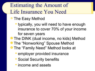 Estimating the Amount of
Life Insurance You Need
 The Easy Method
 typically, you will need to have enough
insurance to cover 70% of your income
for seven years
 The DINK (dual income, no kids) Method
 The “Nonworking” Spouse Method
 The “Family Need” Method looks at
 employer provided insurance
 Social Security benefits
 income and assets
 