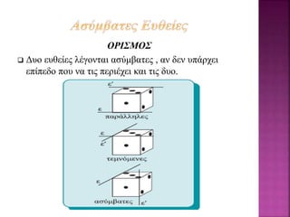 ΟΡΙΣΜΟΣ
 Δυο ευθείες λέγονται ασύμβατες , αν δεν υπάρχει
επίπεδο που να τις περιέχει και τις δυο.
 