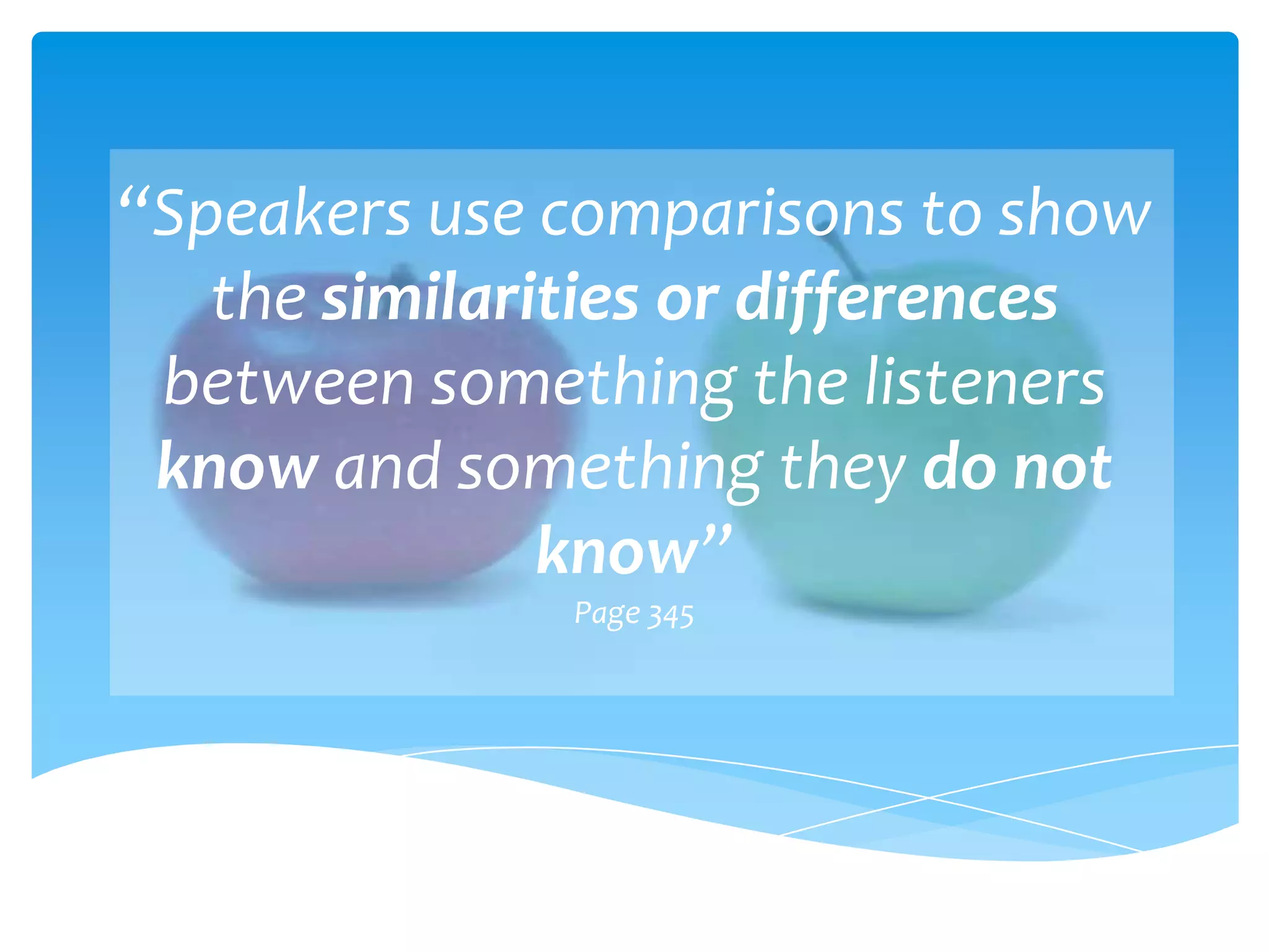 “Speakers use comparisons to show
   the similarities or differences
 between something the listeners
 know and something they do not
               know”
               Page 345
 