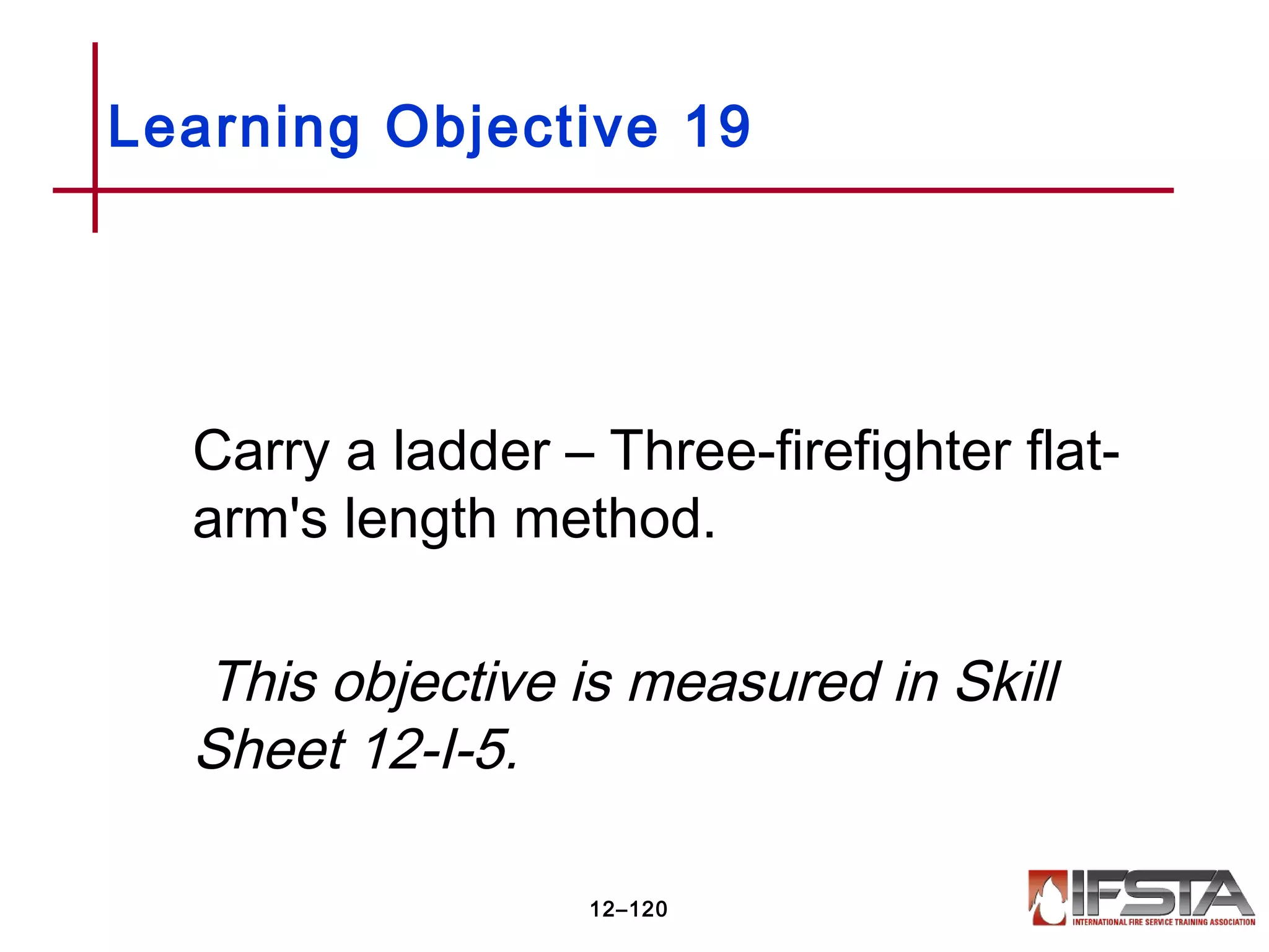 Carry a ladder – Three-firefighter flat-
arm's length method.
This objective is measured in Skill
Sheet 12-I-5.
Learning Objective 19
12–120
 