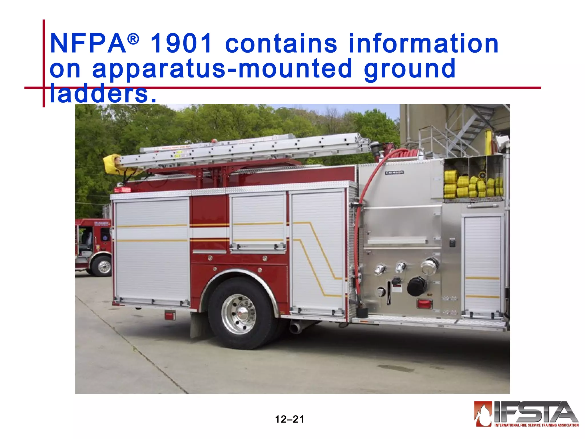 NFPA®
1901 contains information
on apparatus-mounted ground
ladders.
12–21
 