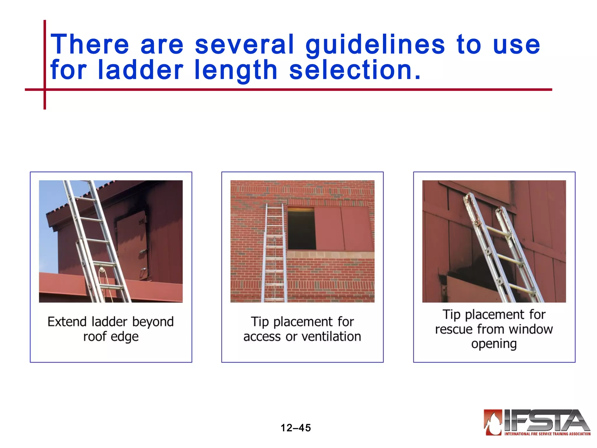 There are several guidelines to use
for ladder length selection.
12–45
 