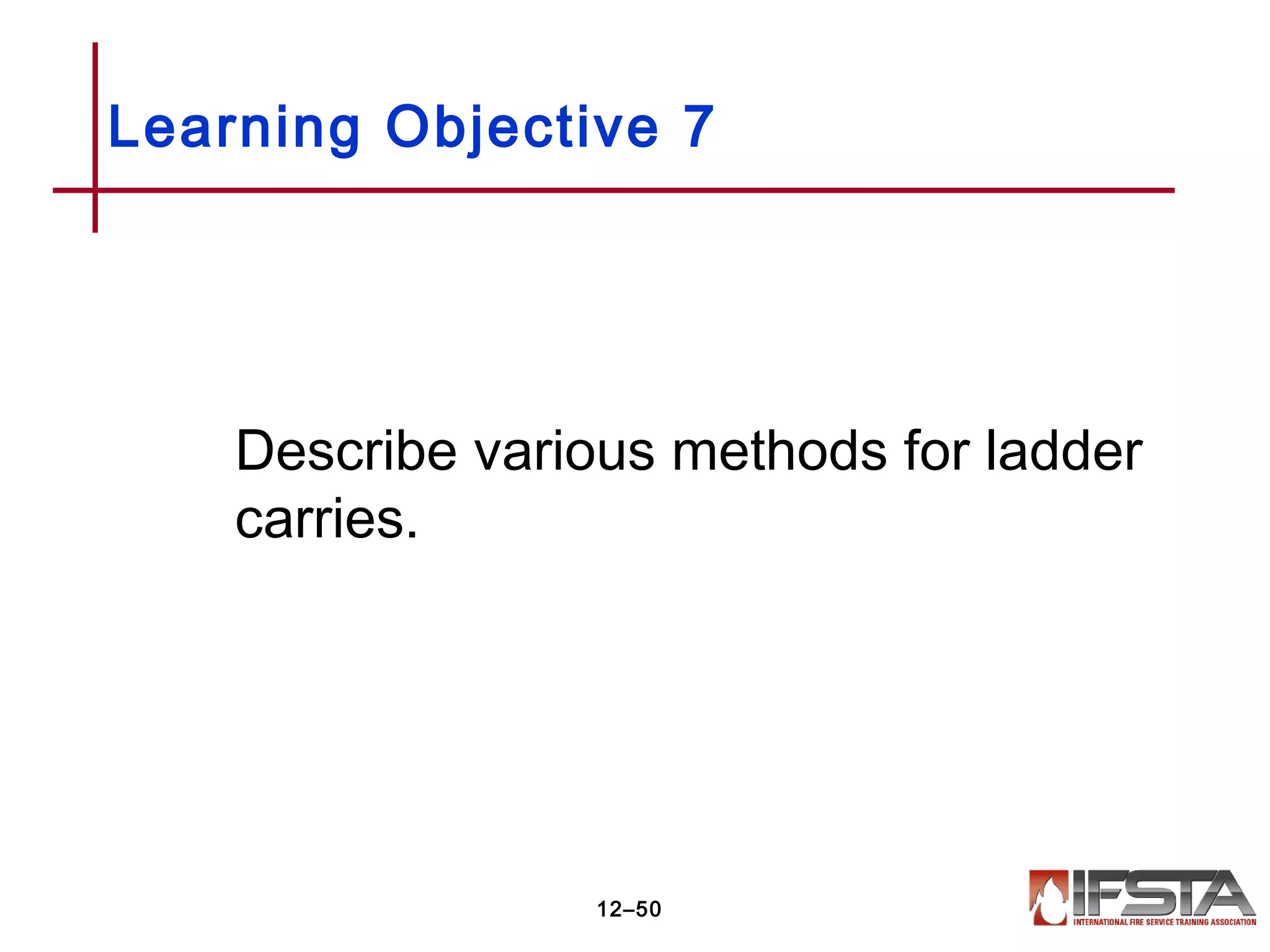 Describe various methods for ladder
carries.
Learning Objective 7
12–50
 