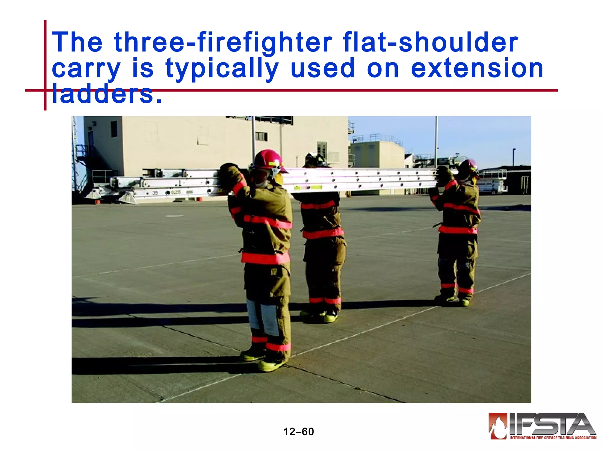 The three-firefighter flat-shoulder
carry is typically used on extension
ladders.
12–60
 